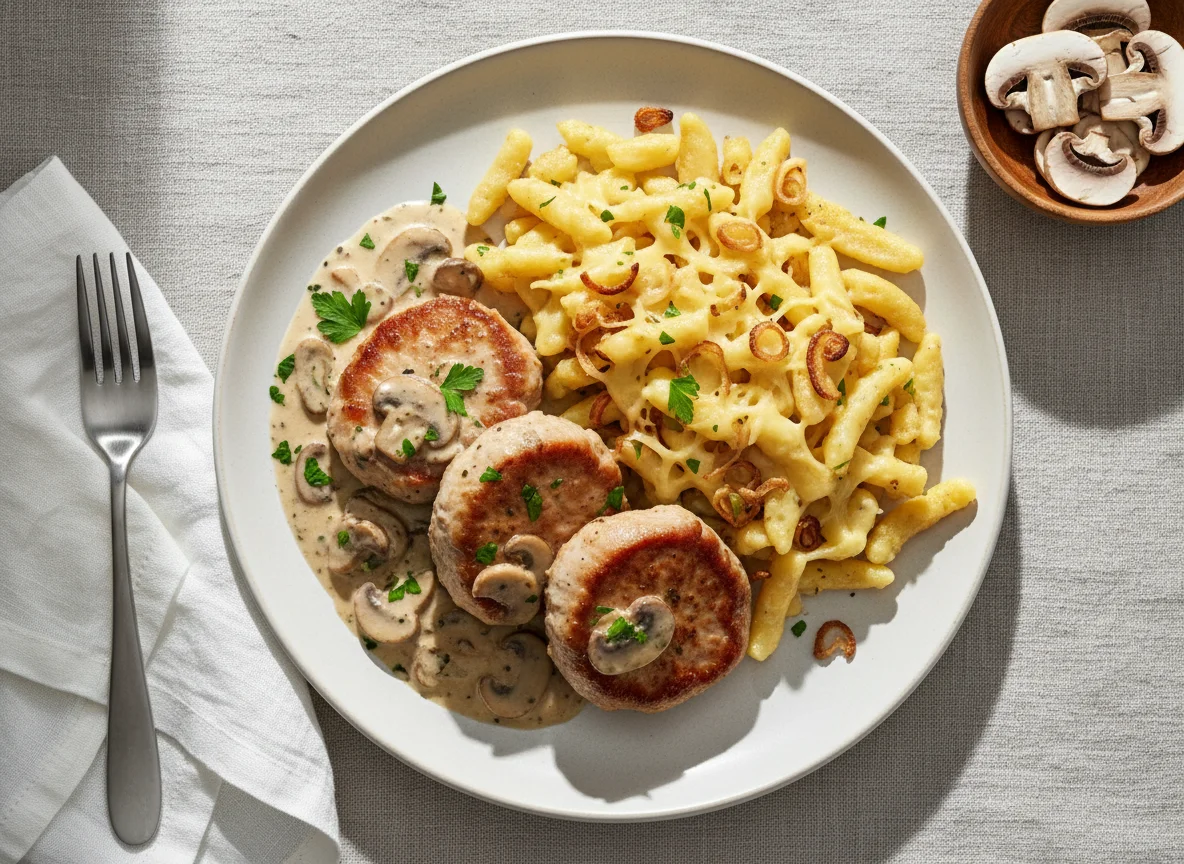 Schweinsmedaillons mit Champignonrahmsauce und Käsespätzle photo