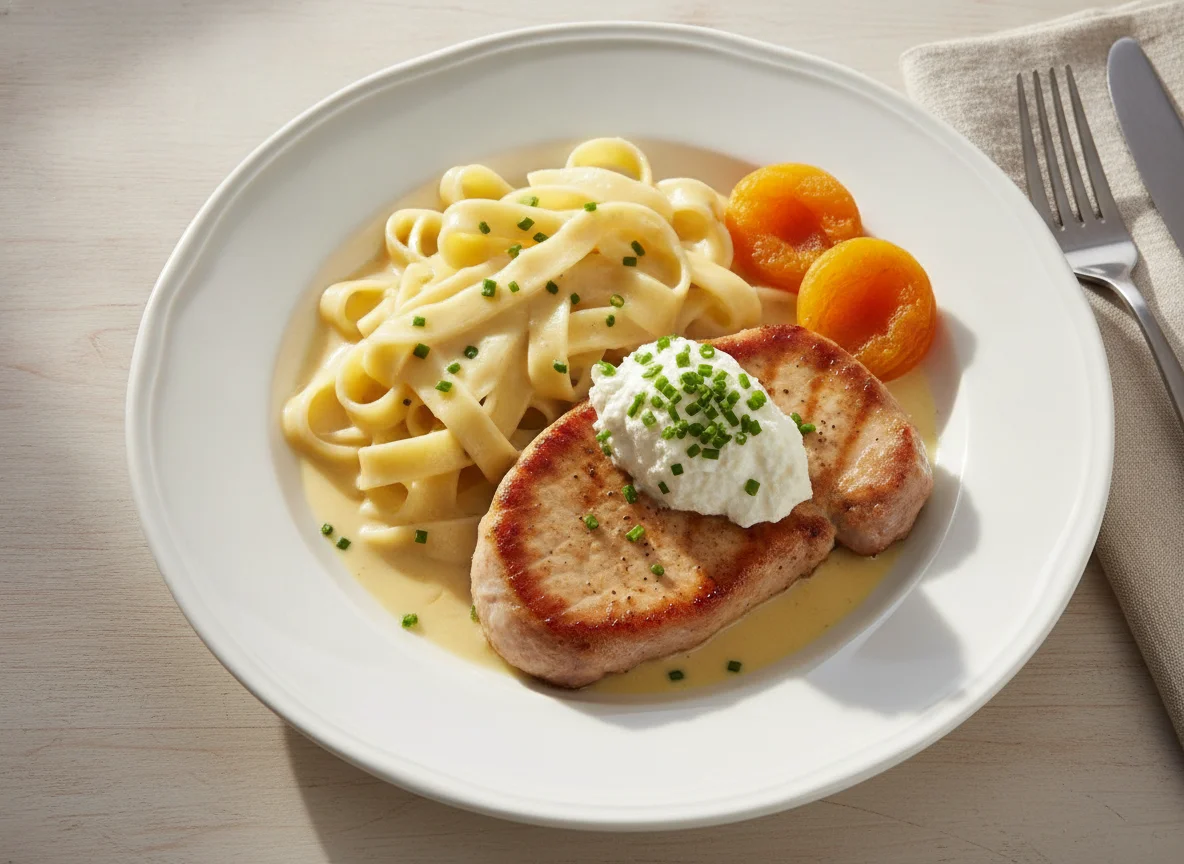 Schweinssteak mit Nudeln und Rahmsauce photo