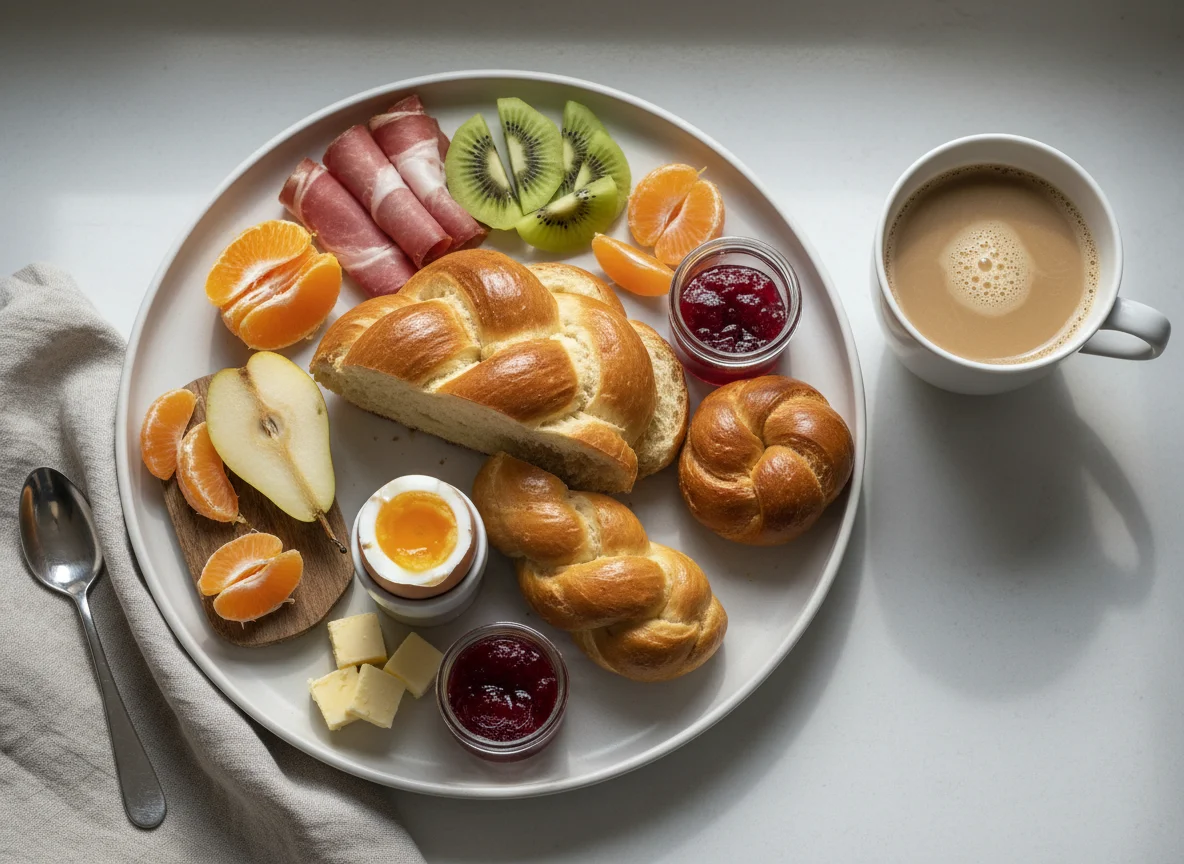 Schweizer Frühstück mit Zopf, Früchten und Eiern photo