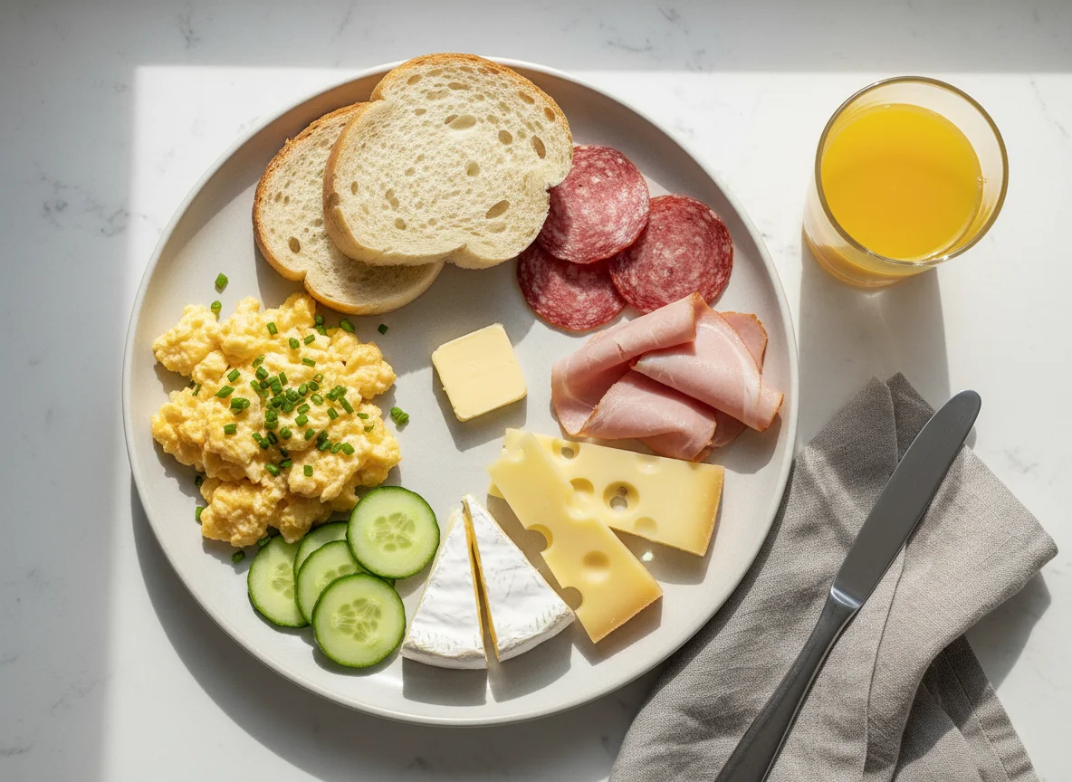 Schweizer Frühstücksteller mit Rührei, Käse und Aufschnitt photo