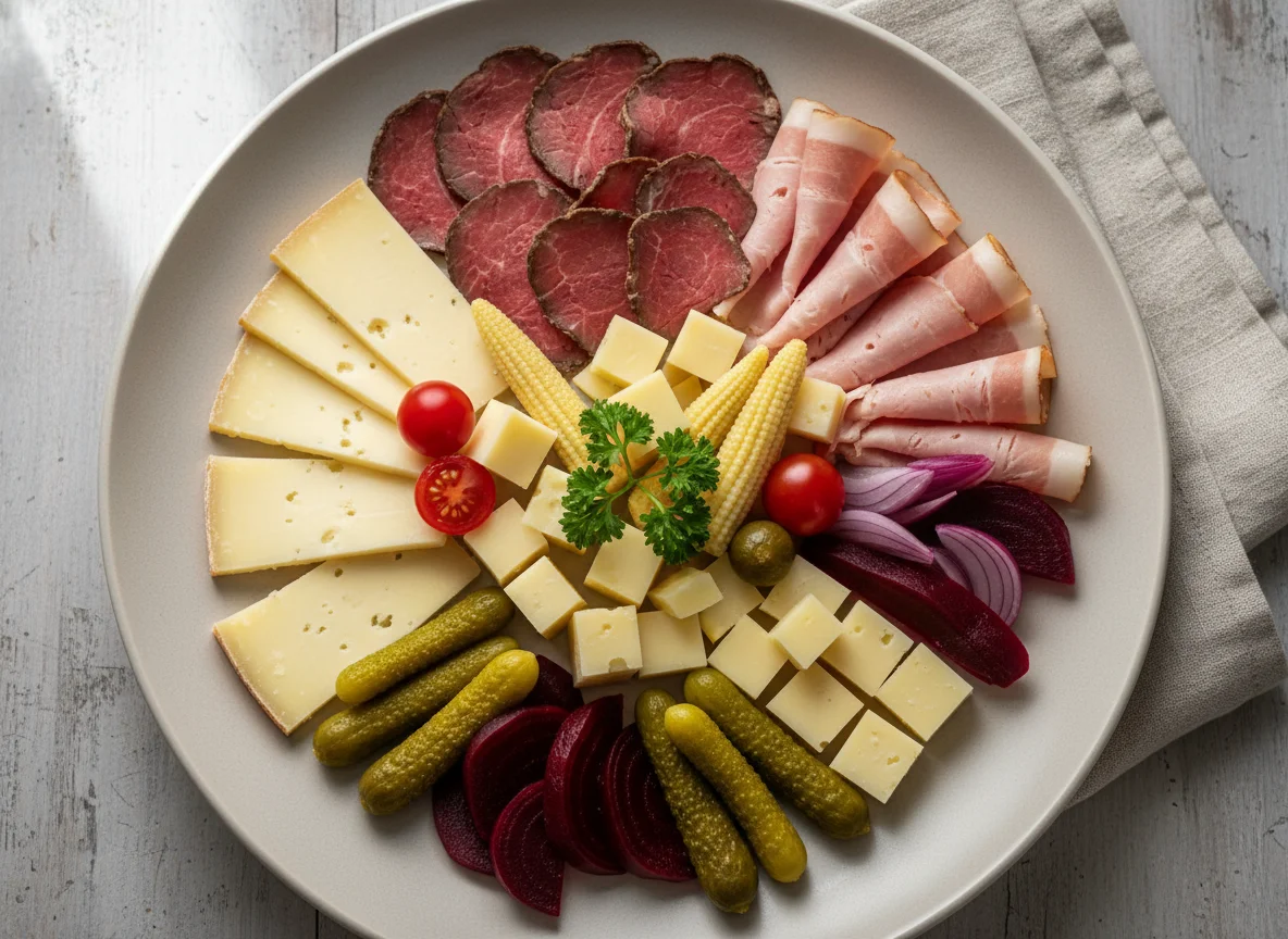 Schweizer Platte mit Aufschnitt und Essiggurken photo