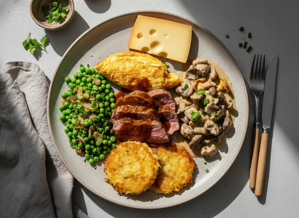 Schweizer Teller mit Fleisch, Gemüse und Beilagen photo