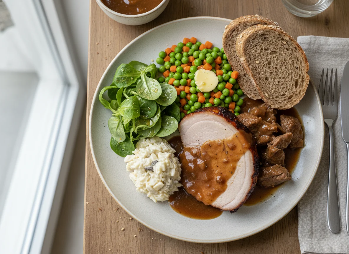 Schweizer Teller mit Fleisch, Gemüse und Salat photo