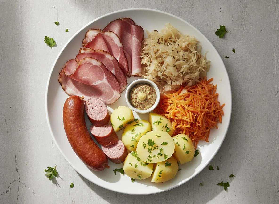 Schweizer Teller mit Schinken, Wurst, Kartoffel, Sauerkraut und Karottensalat photo