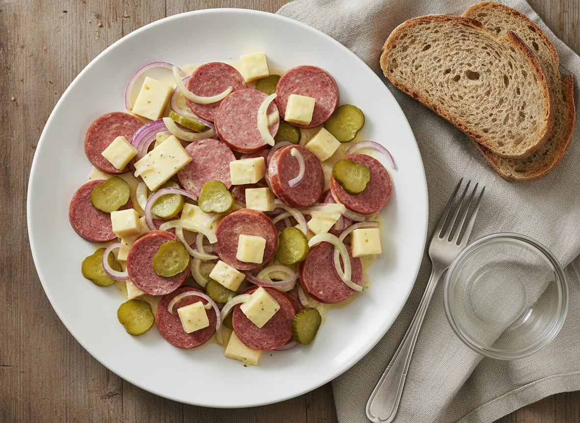Schweizer Wurst-Käse-Salat mit Brot photo
