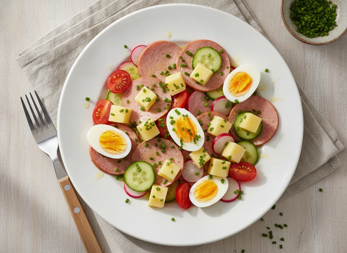 Schweizer Wurst-Käse-Salat mit Ei photo