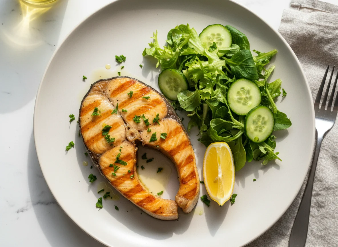 Schwertfischsteak mit Salat photo