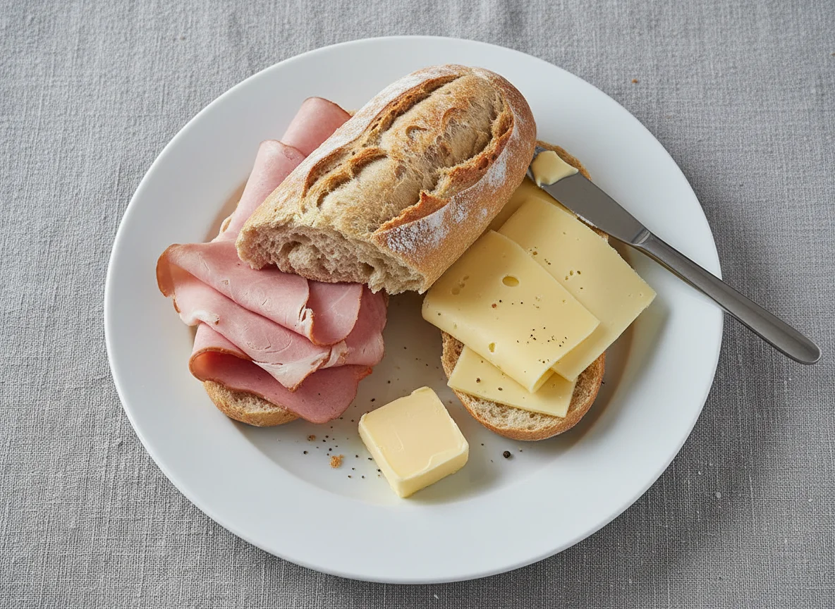 Seele mit Kochschinken, Gouda und Butter photo