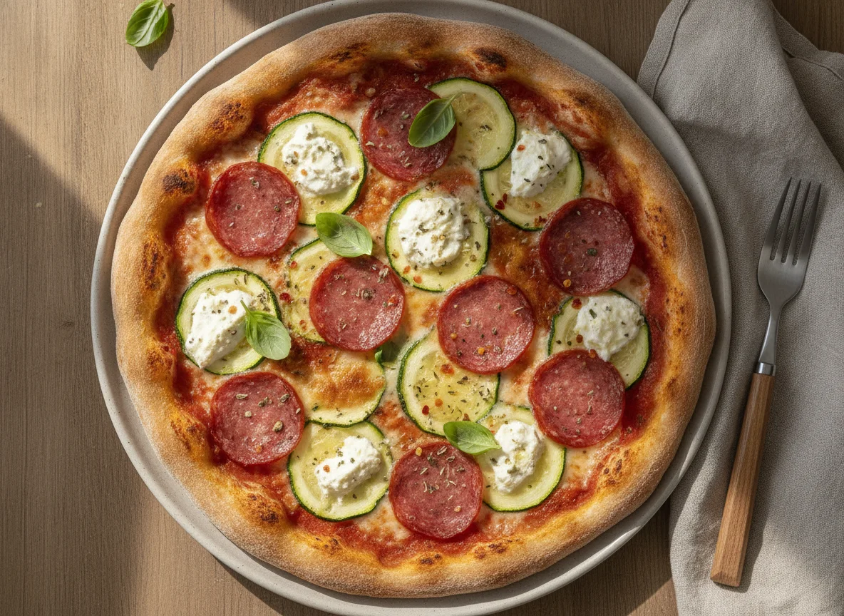Selbstgemachte Pizza mit Zucchini, Salami und Frischkäse photo