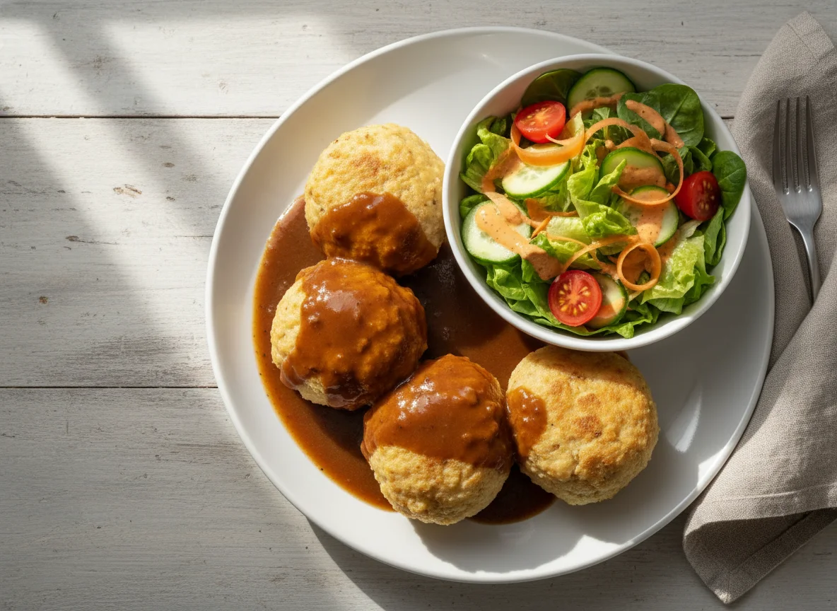 Semmelknödel mit Bratensoße und gemischtem Salat photo
