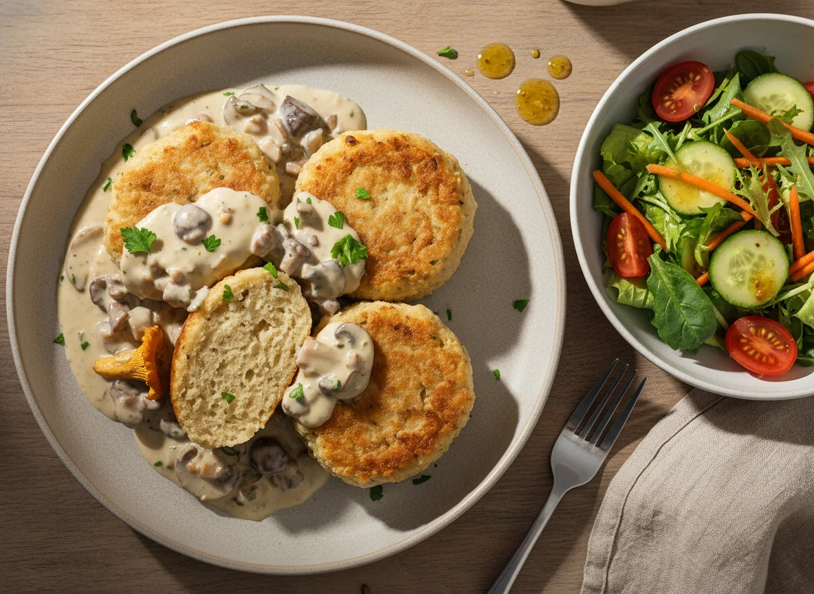 Semmelknödel mit Pilzrahmsoße und Beilagensalat photo