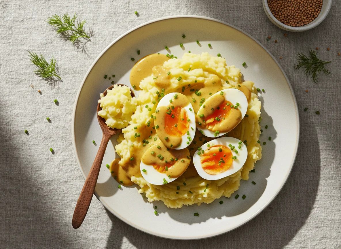 Senfeier mit Kartoffelstampf photo