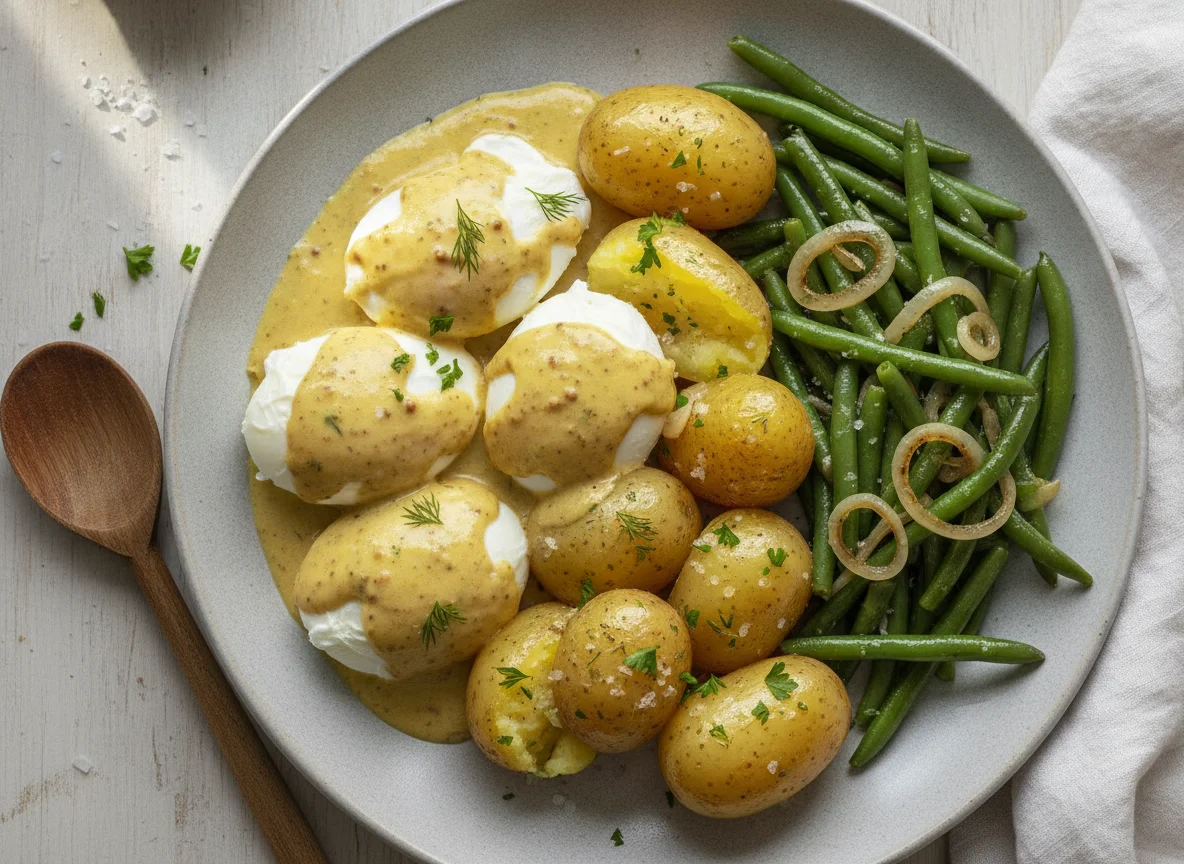 Senfeier mit Salzkartoffeln und grünen Bohnen photo