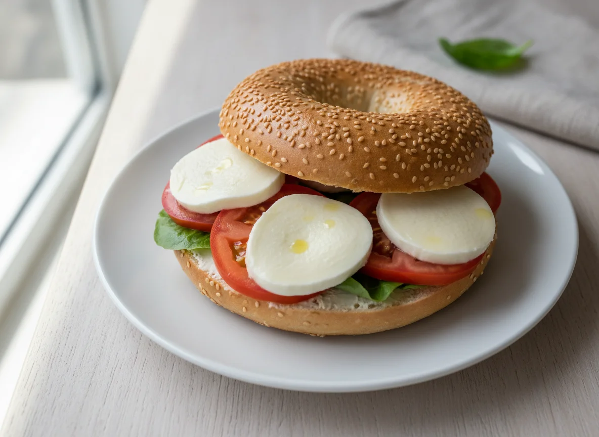 Sesam-Bagel mit Mozzarella und Tomate photo