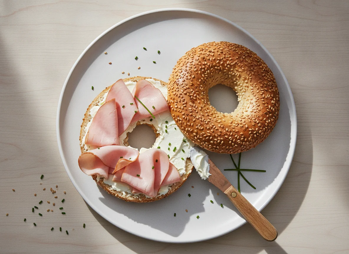 Sesam-Bagel mit Putenbrust und Frischkäse photo