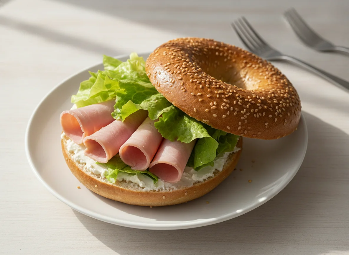 Sesam-Bagel mit Schinken und Salat photo
