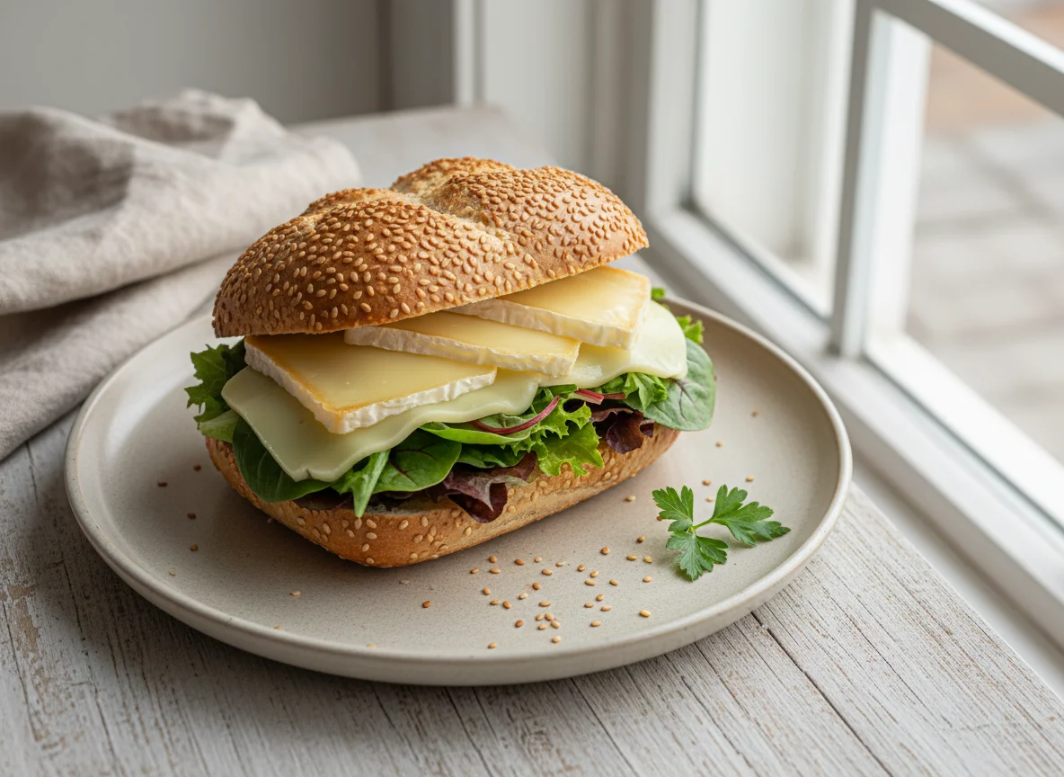Sesambrötchen mit Käse und Salat photo