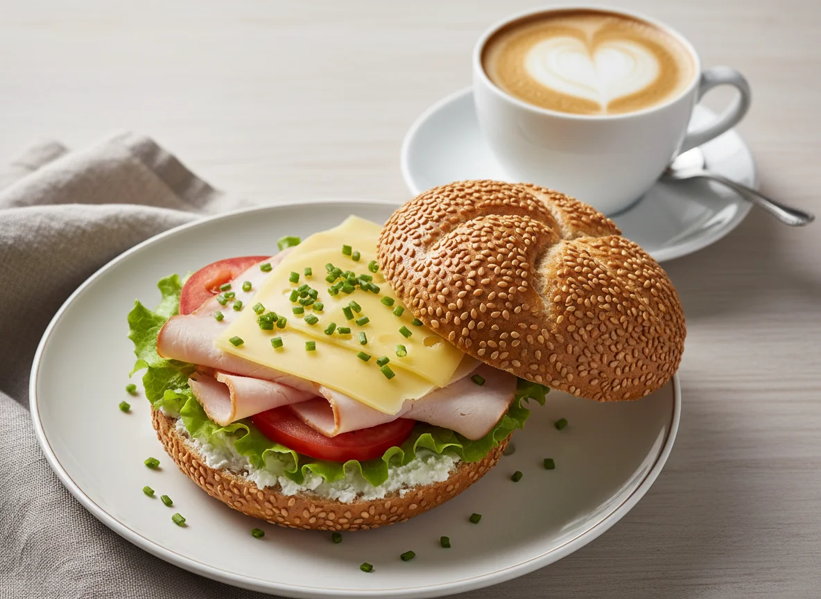 Sesambrötchen mit Putenbrust und Käse, dazu Cappuccino photo