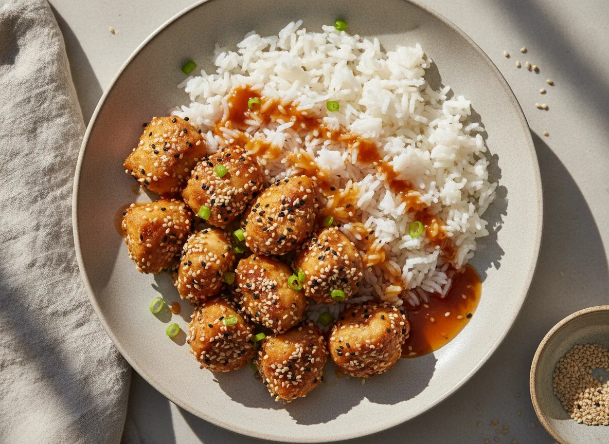 Sesam-Hähnchen mit Reis photo