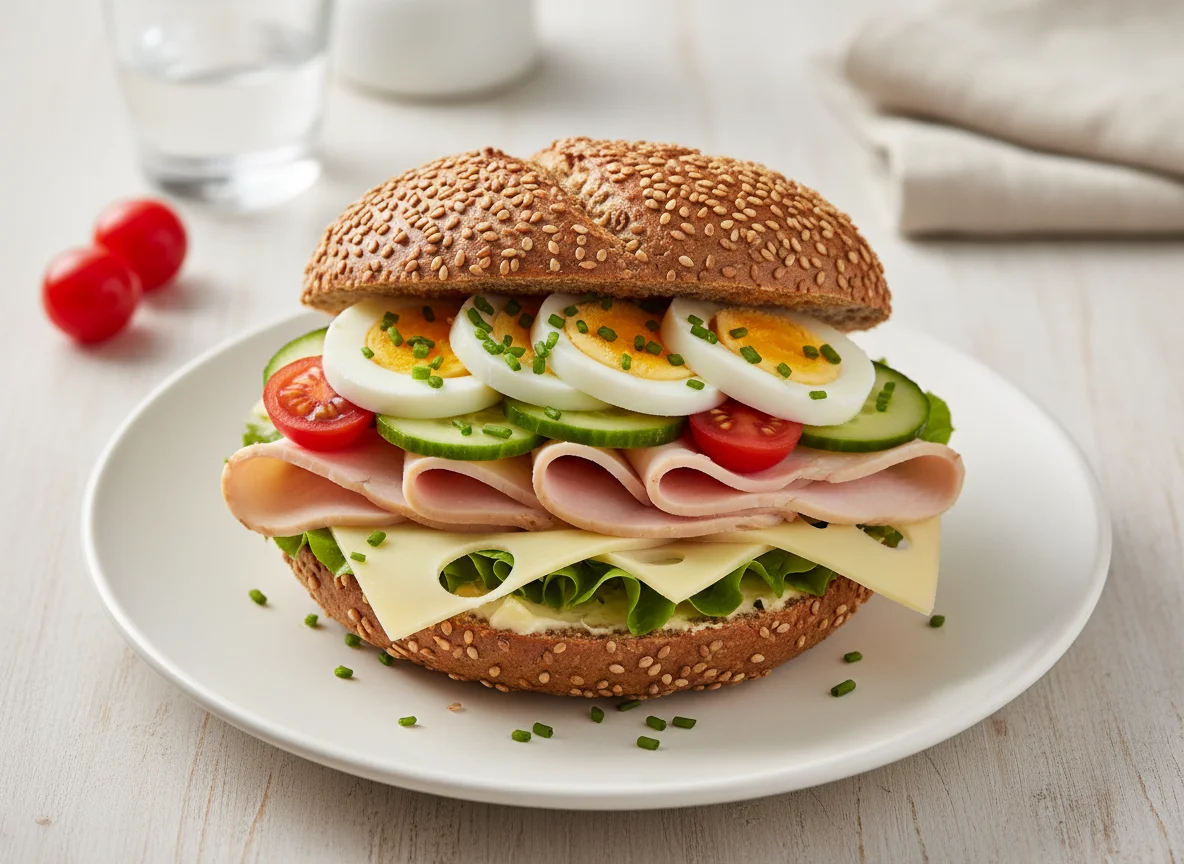 Sesam-Vollkornweckerl mit Putenbrust und Ei photo