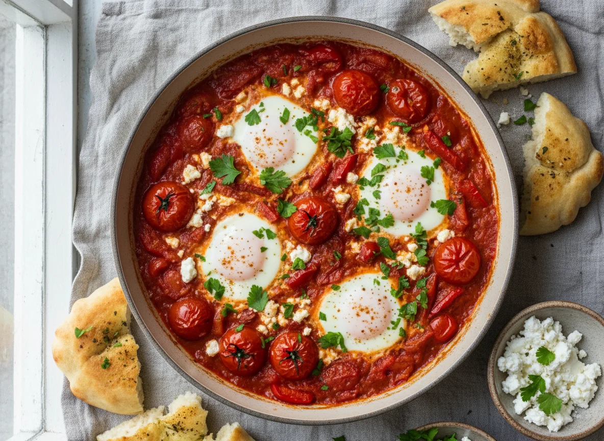 Shakshuka mit Fladenbrot und Feta photo