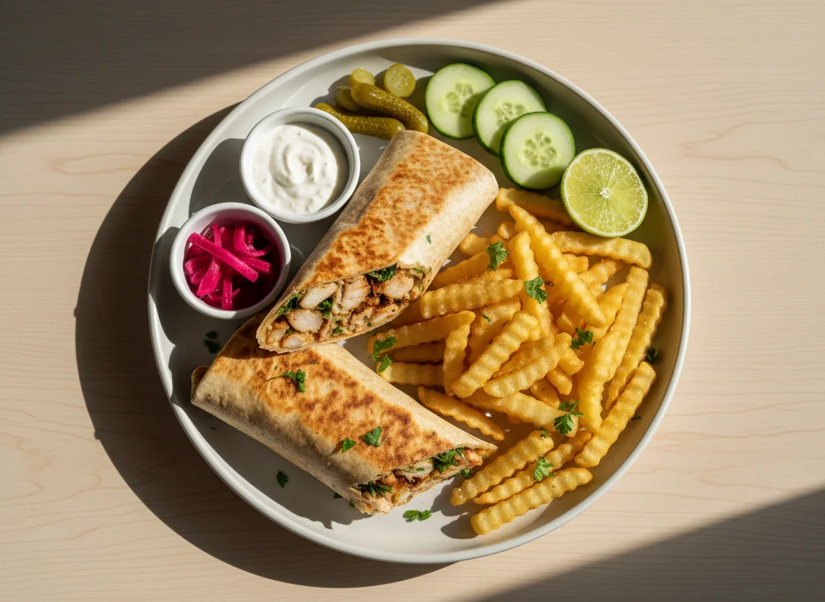 Shawarma Teller mit Pommes und Beilagen photo