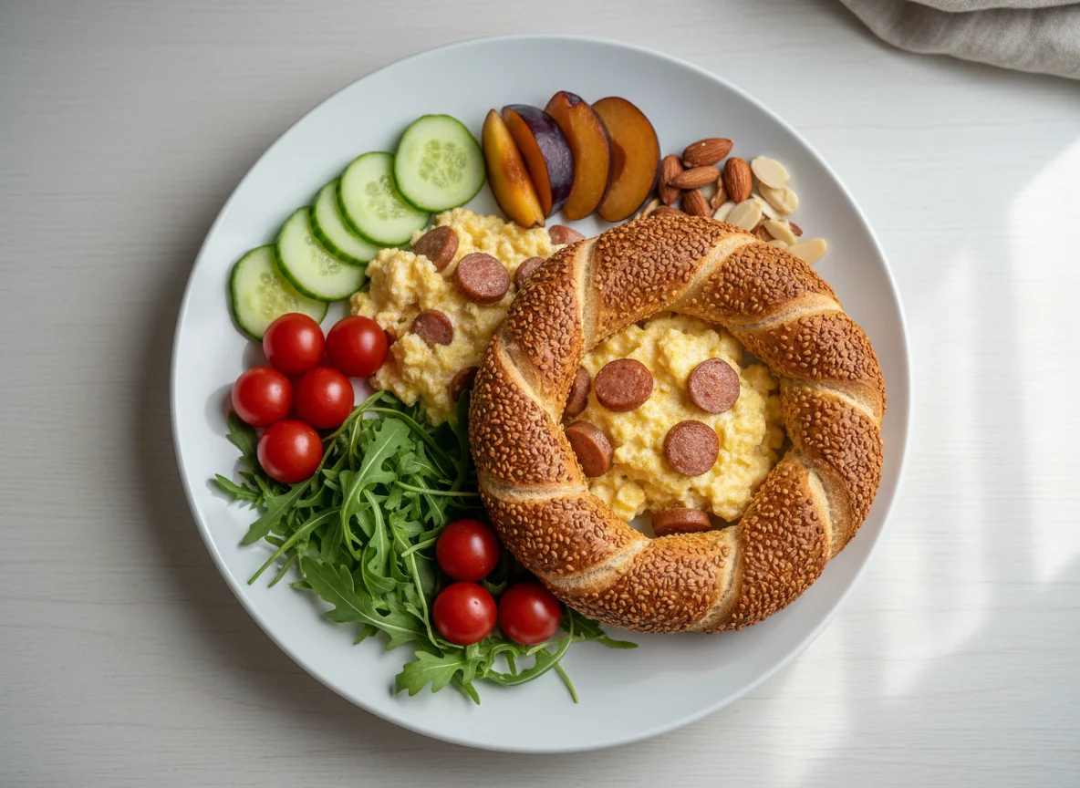 Simit mit Rührei und Beilagen photo