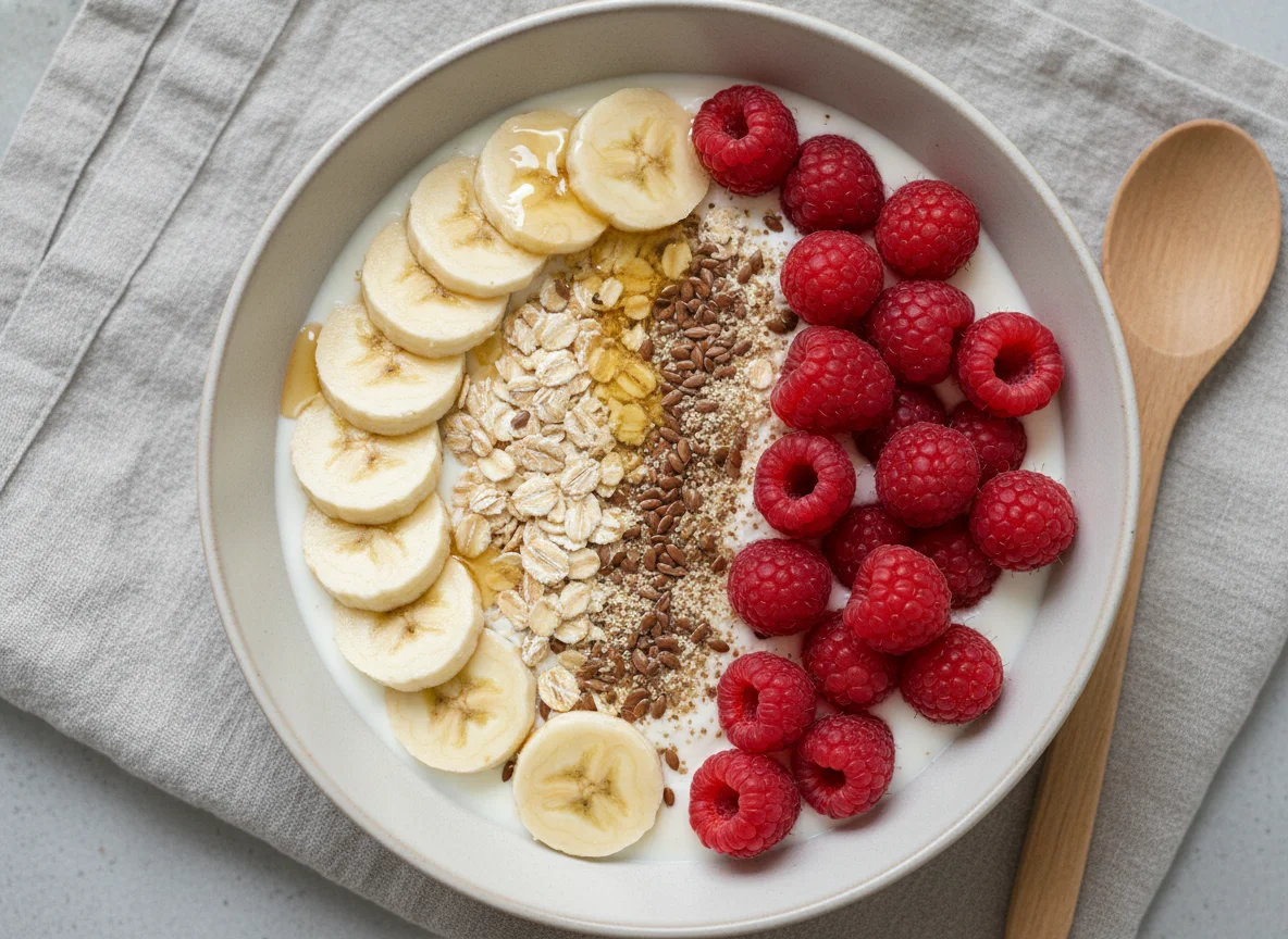 Skyr Bowl mit Banane, Himbeeren und Haferflocken photo