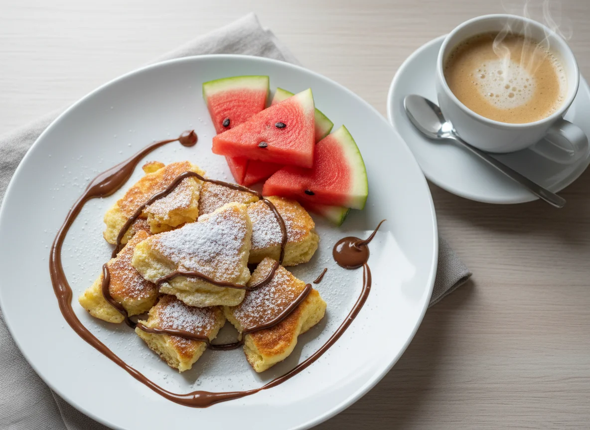 Skyr Kaiserschmarrn mit Wassermelone und Kaffee photo
