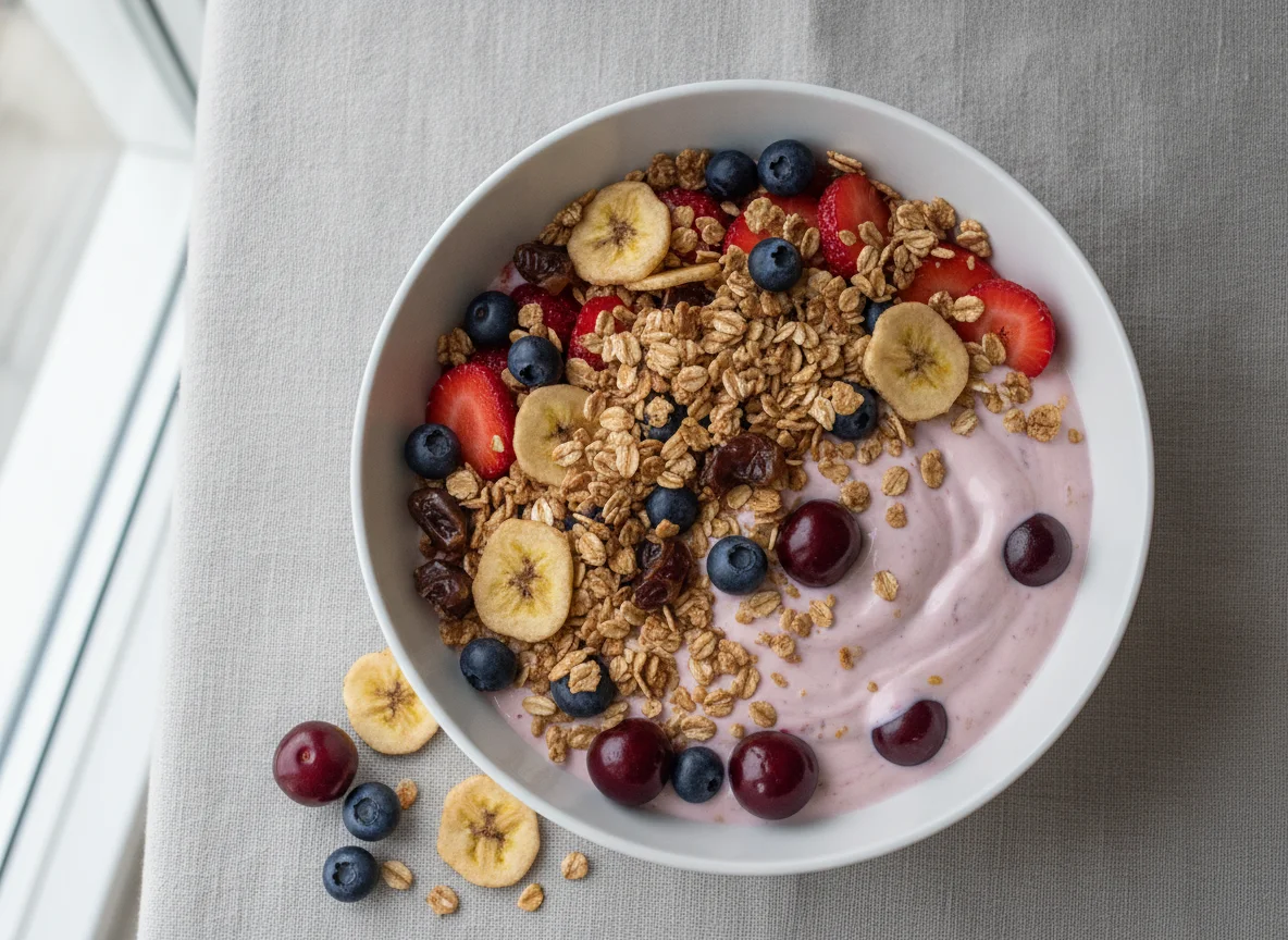 Skyr Kirsche mit Früchten und Müsli photo