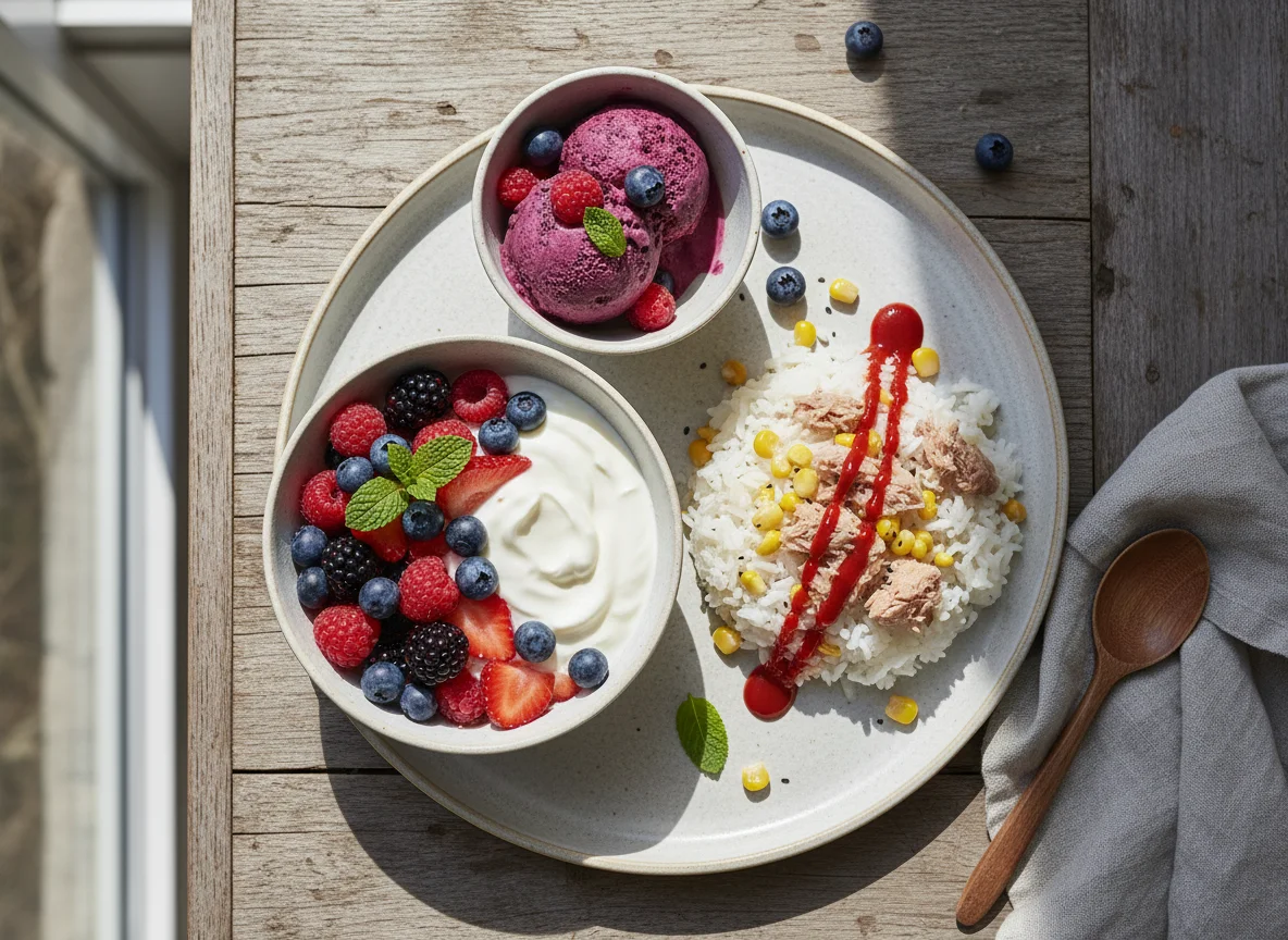 Skyr mit Beeren, Beeren-Eis und Reis mit Thunfisch, Mais und Sriracha photo