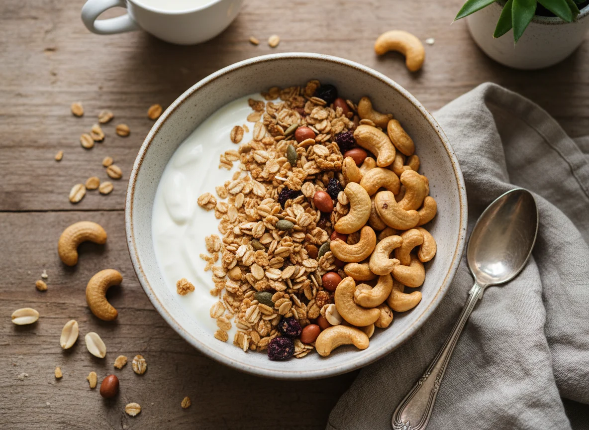 Skyr mit Erdnüssen, Cashewkernen und Müsli photo