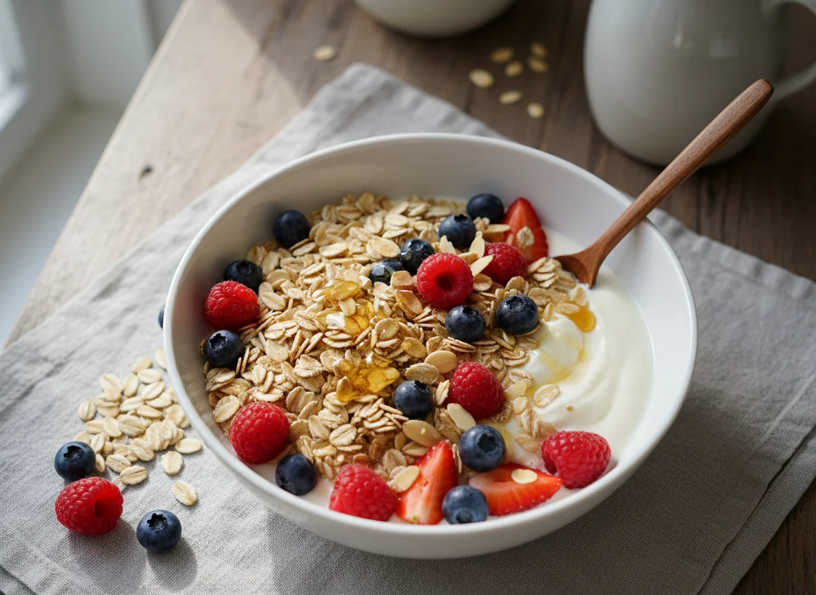 Skyr mit Haferflocken und Beeren photo