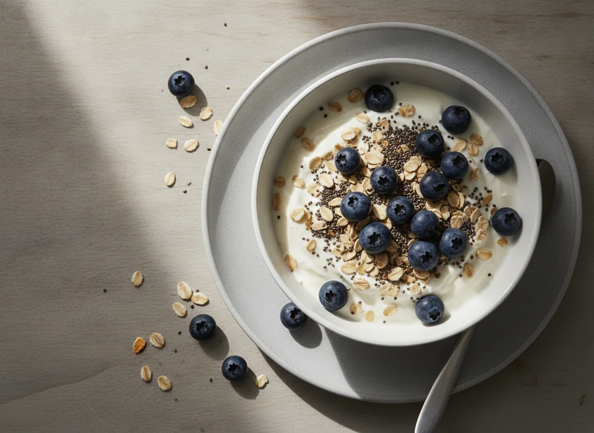 Skyr mit Haferflocken und Blaubeeren photo
