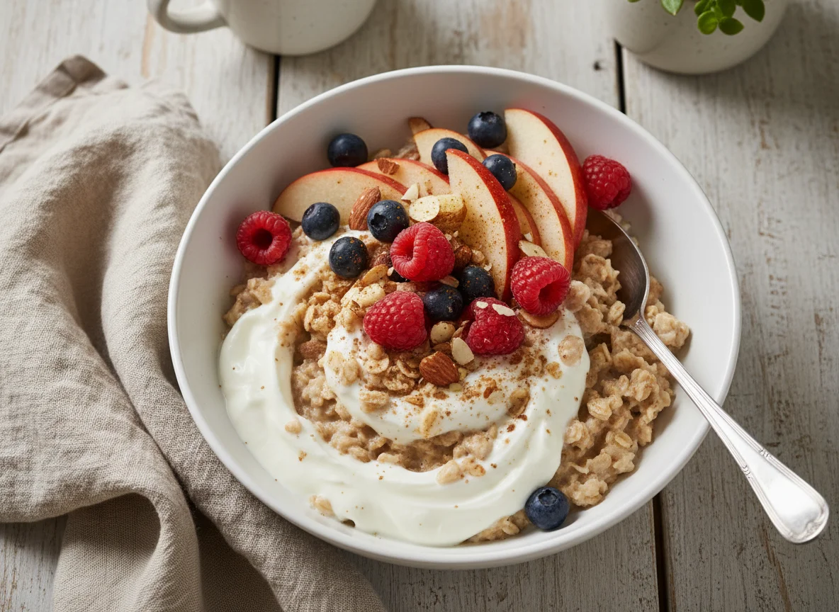 Skyr mit Haferflocken und Früchten photo