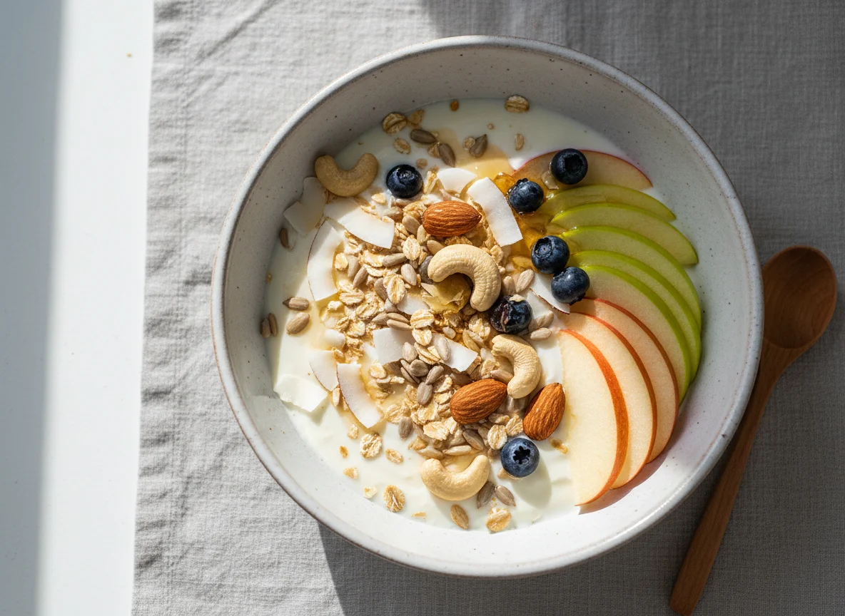 Skyr mit Müsli, Mandeln und Apfel photo