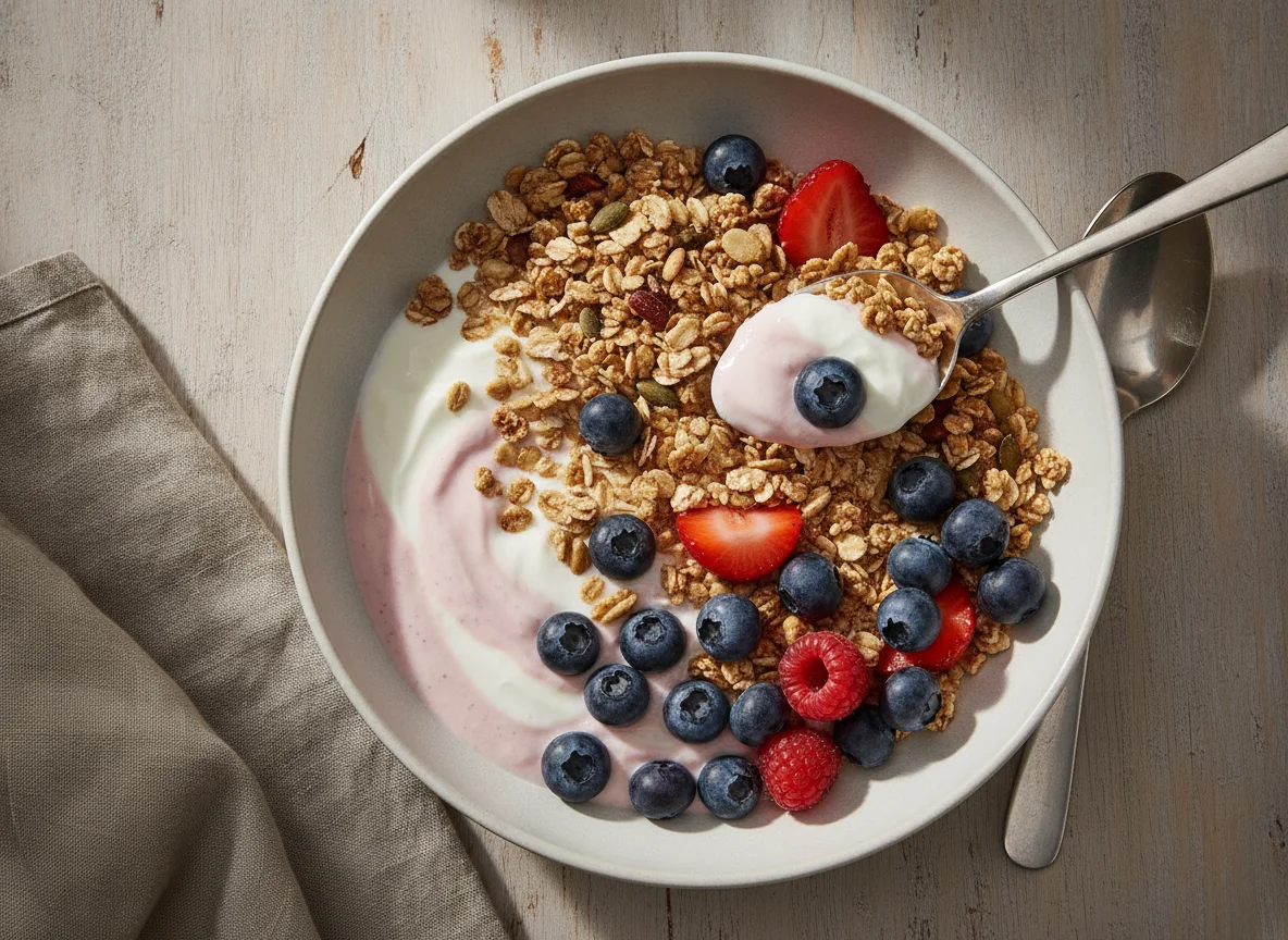Skyr mit Müsli und Blaubeeren photo