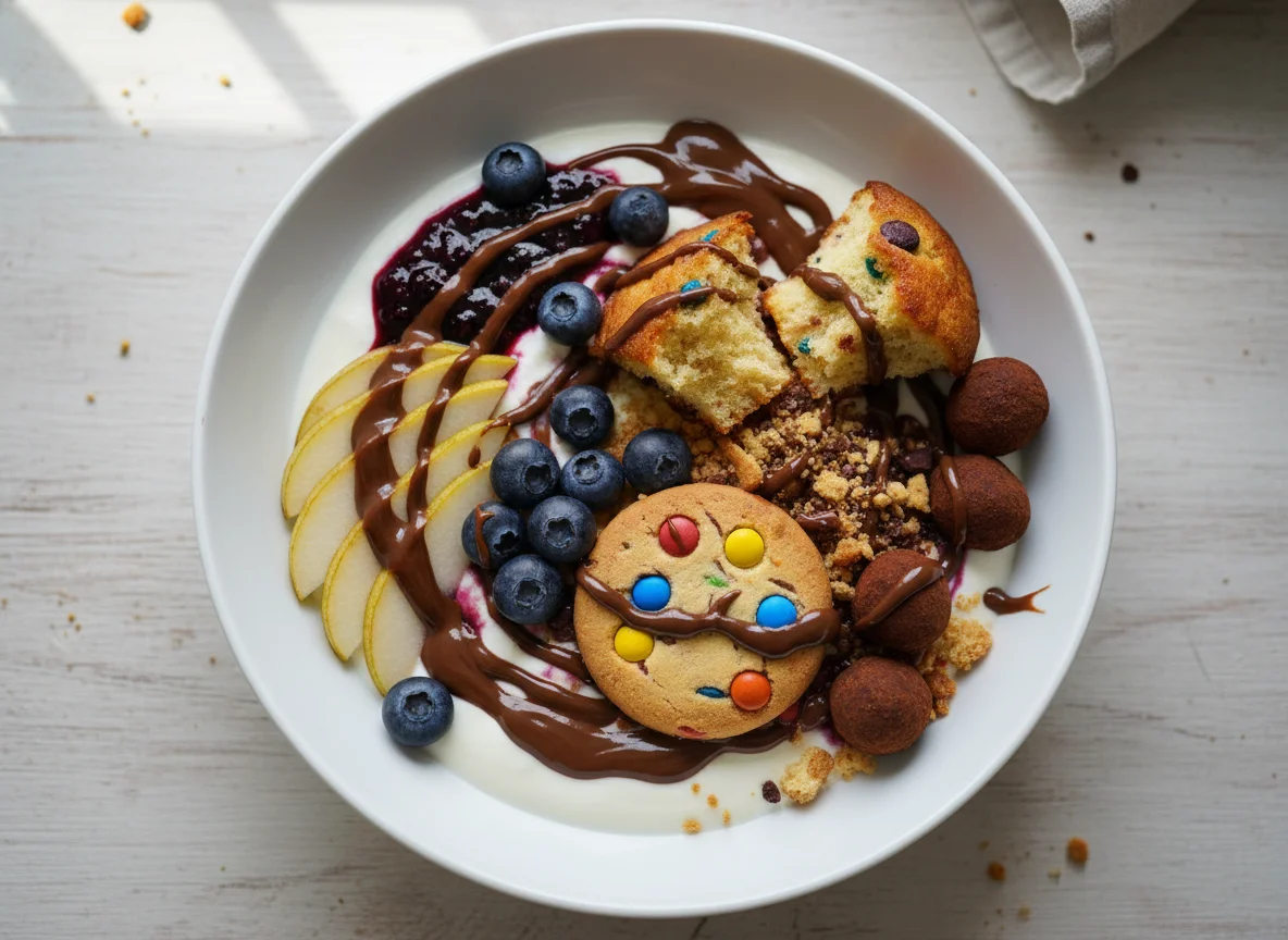 Skyr Schüssel mit Früchten und Süßigkeiten photo
