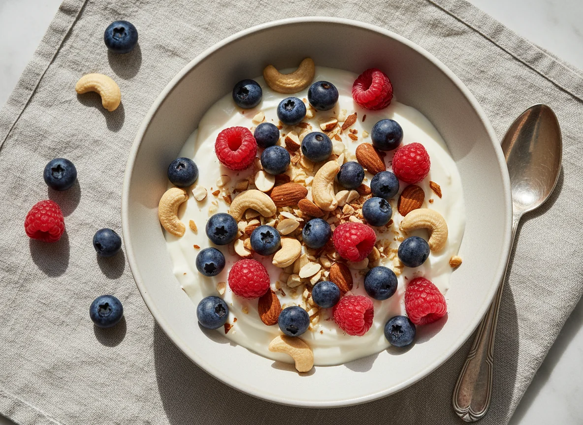Skyr Vanille mit Beeren und Nüssen photo