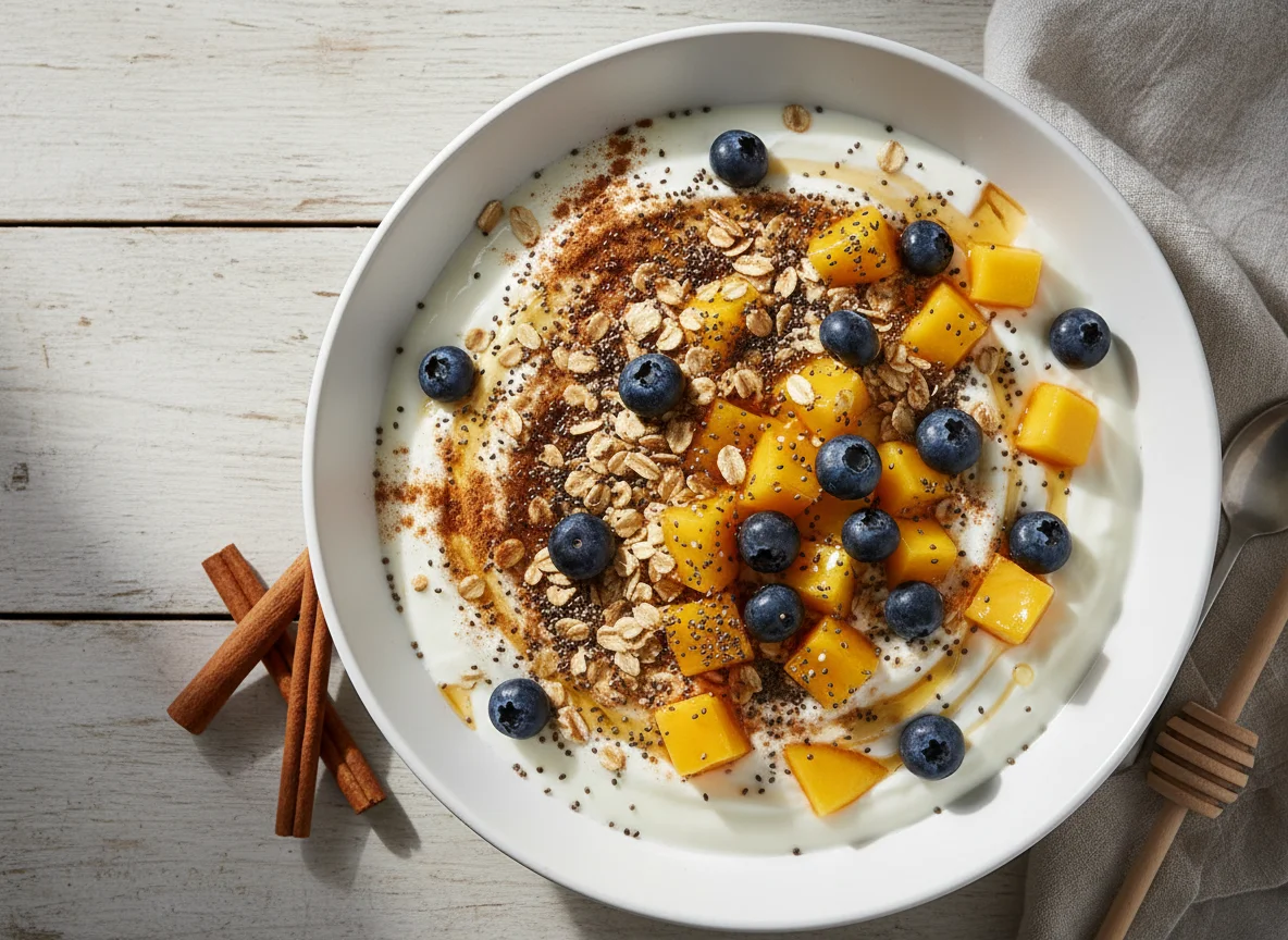 Skyr-Joghurt-Bowl mit Früchten und Haferflocken photo