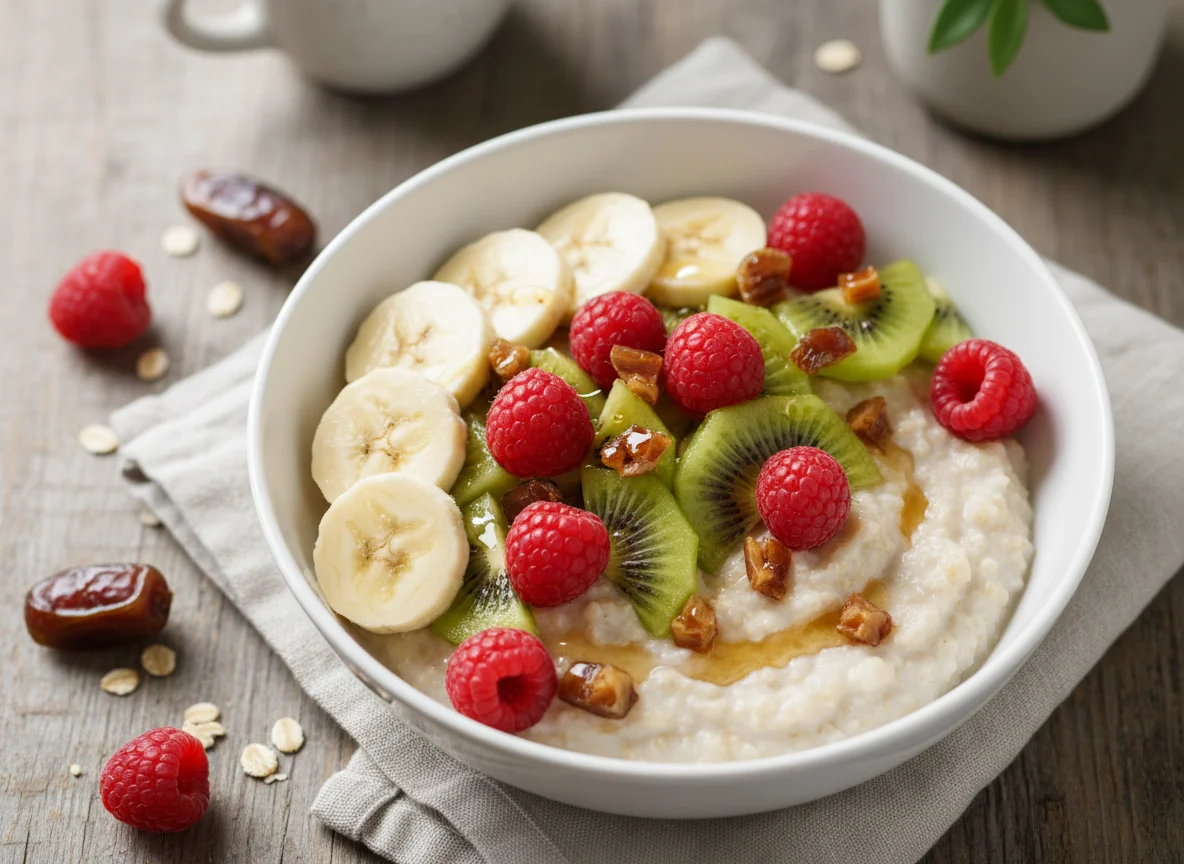 Skyr-Porridge mit Früchten und Datteln photo
