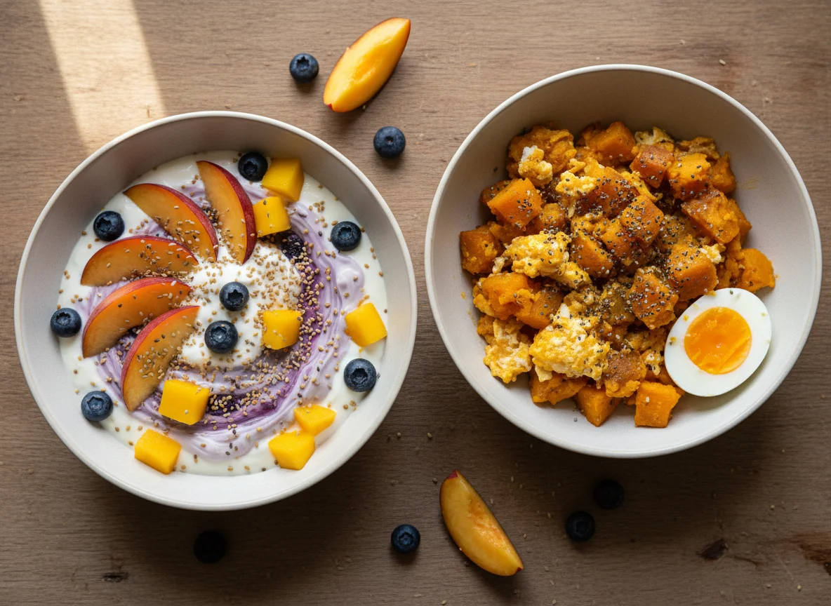 Skyr-Quark-Mischung mit Früchten und Ei-Kürbis-Süßkartoffel-Mischung photo