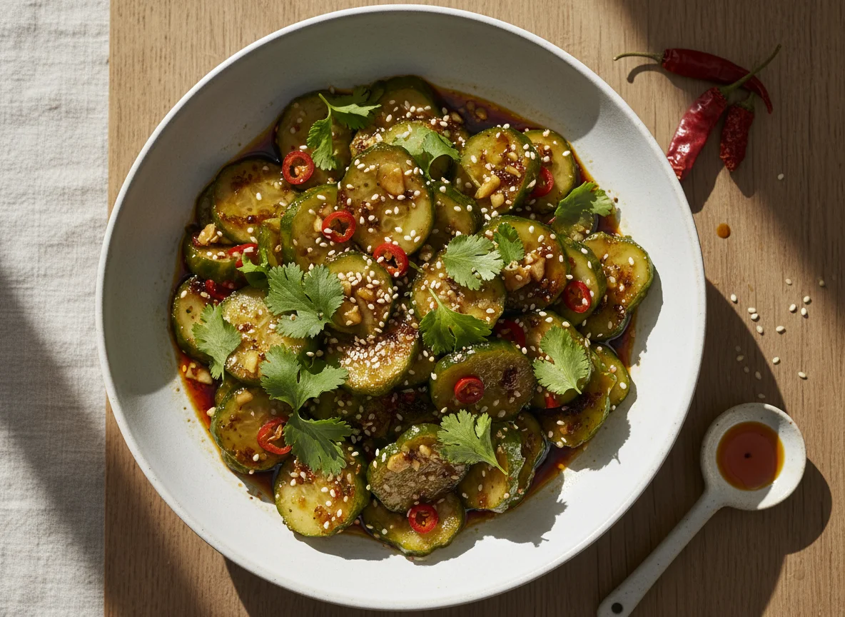 Smashed Gurkensalat mit Knoblauch und Chili photo