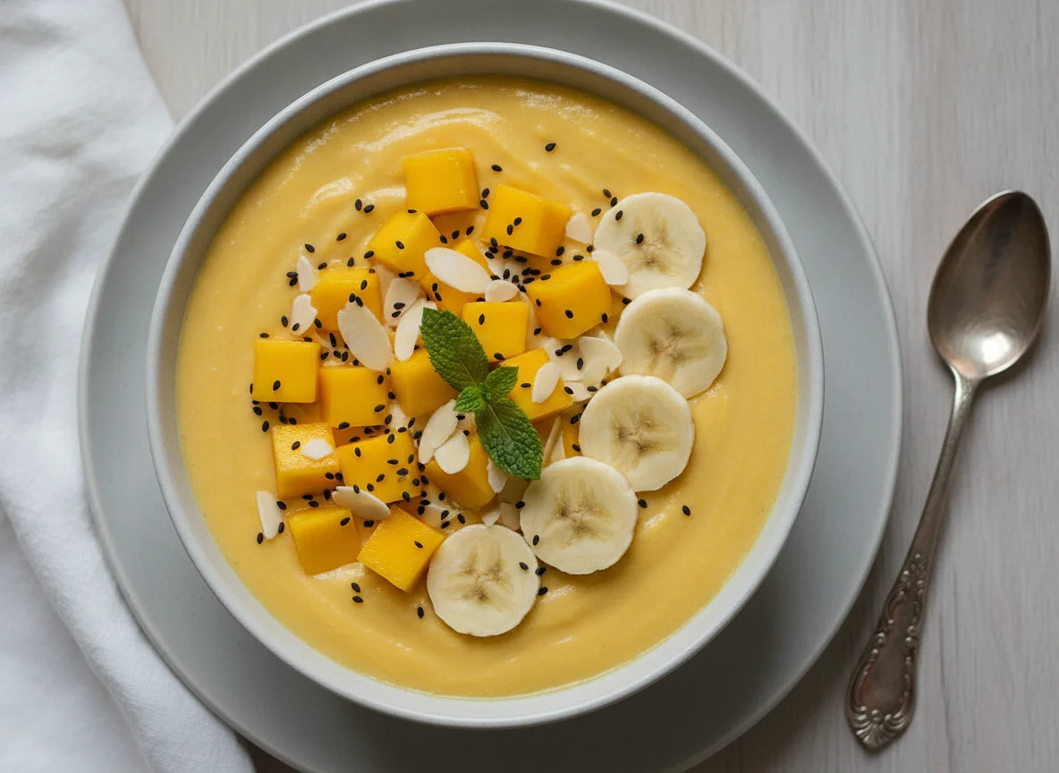 Smoothie Bowl mit Mango, Banane und Sesam photo