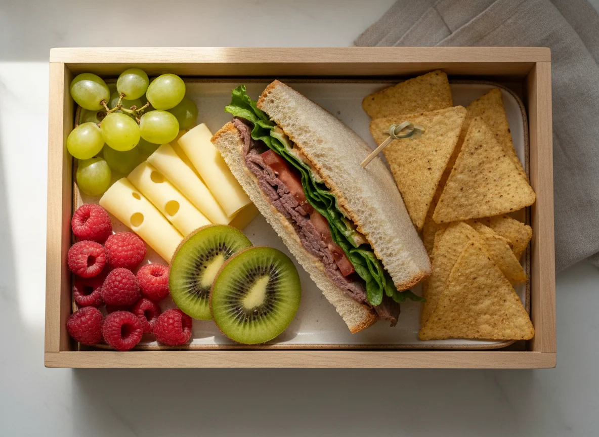 Snackbox mit Obst, Käse und Sandwich photo