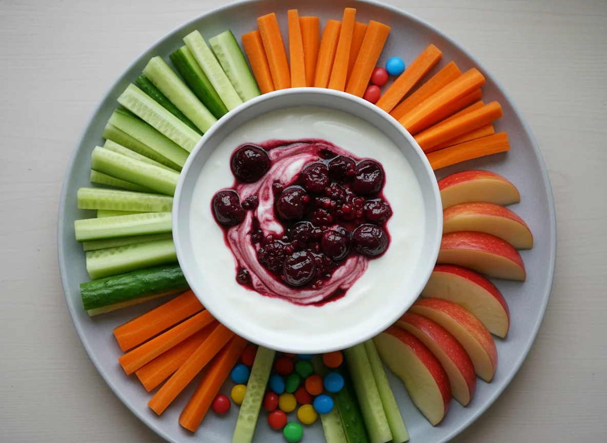 Snack-Mahlzeit mit Joghurt, Obst, Gemüse und Süßigkeiten photo