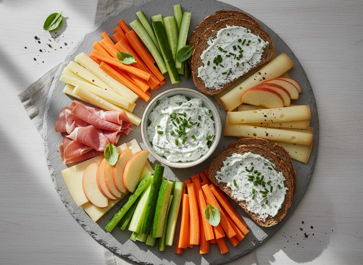 Snackplatte mit Aufstrich, Gemüse, Obst, Käse und Schinken photo