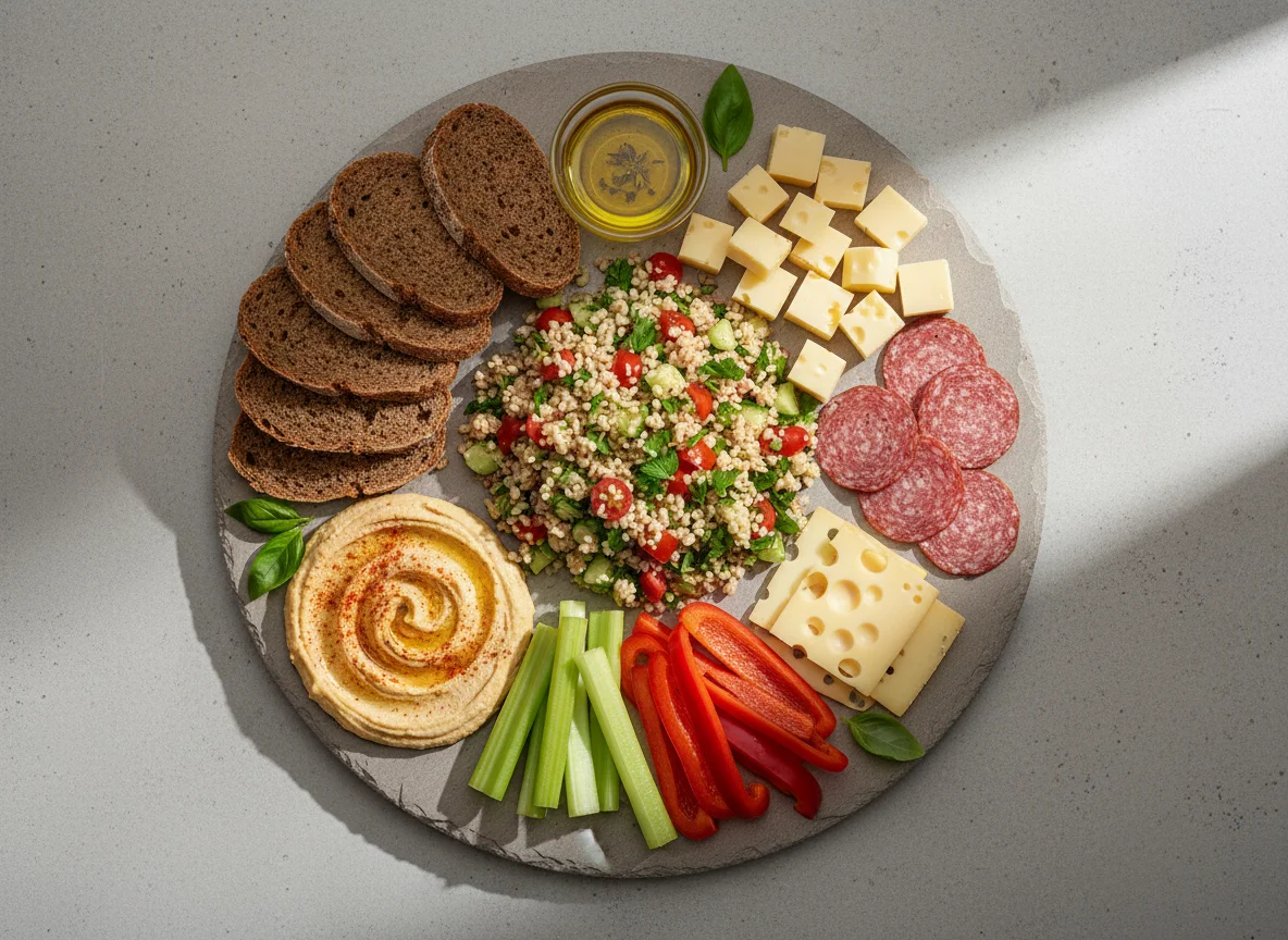 Snackplatte mit Brot, Gemüse und Käse photo
