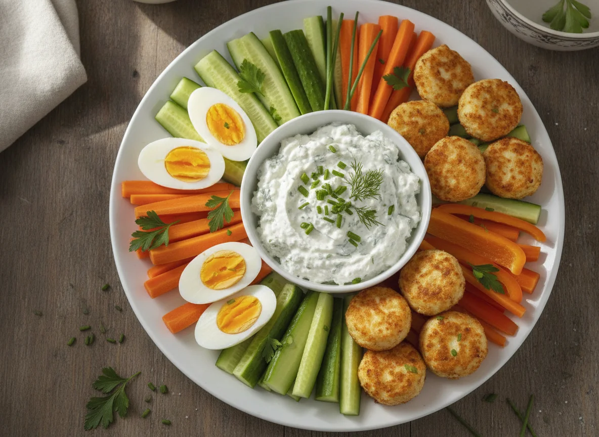 Snackplatte mit Gemüse, Eiern und Käsebällchen photo