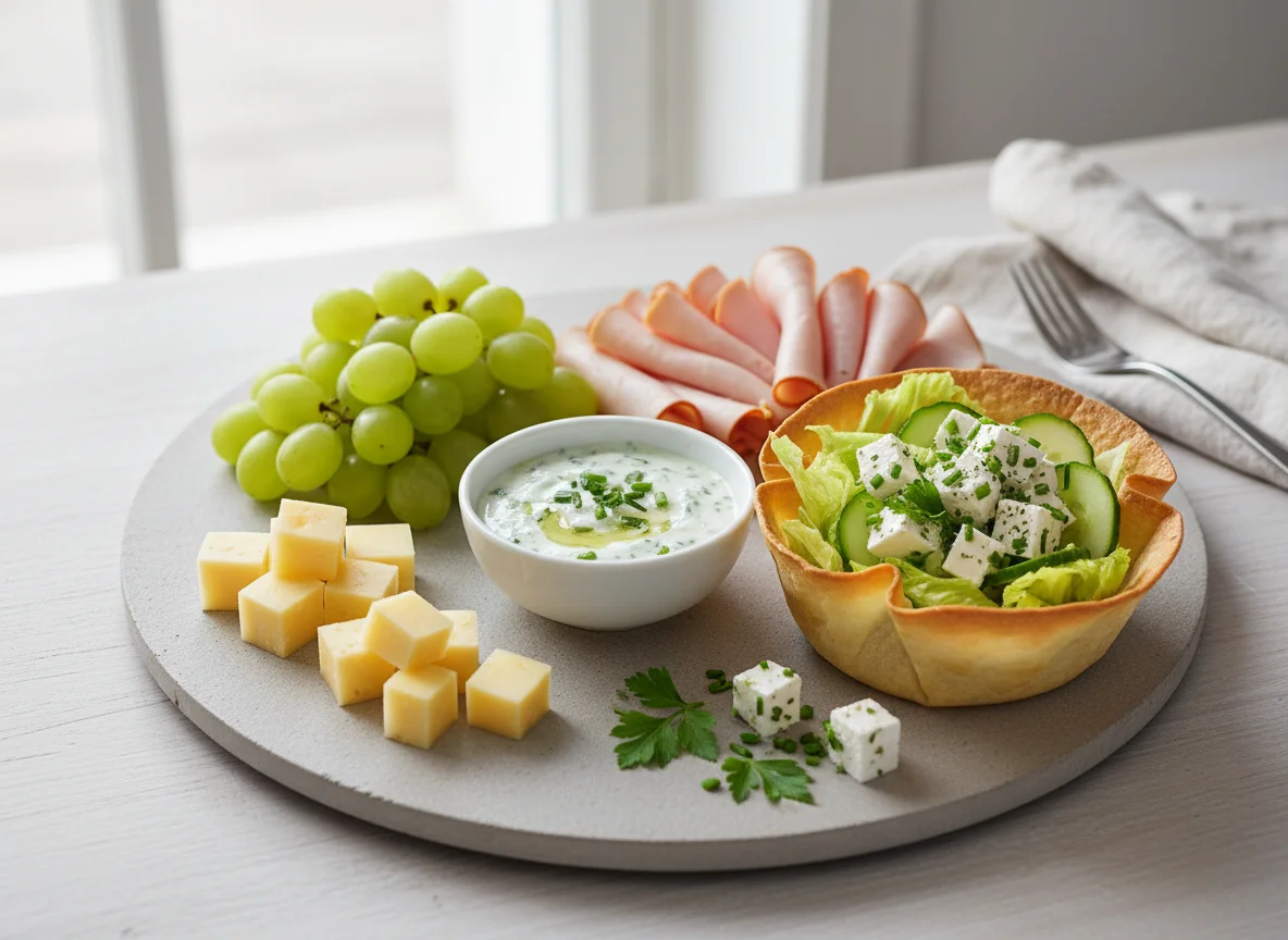 Snackplatte mit Käse, Trauben, Salat und Dip photo